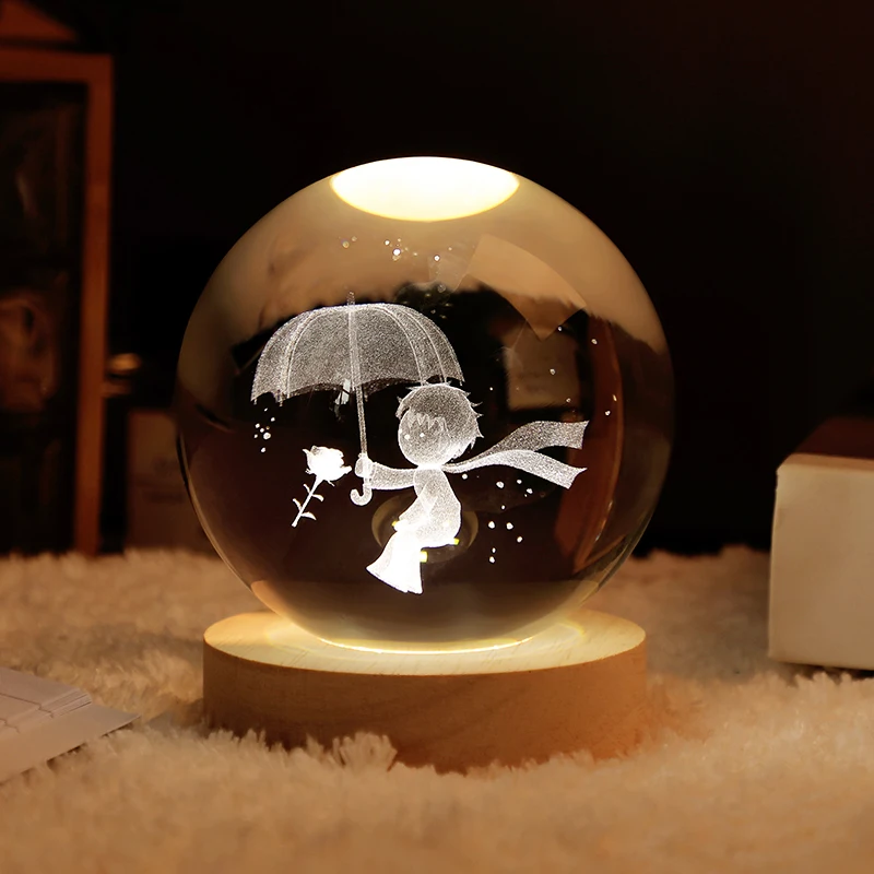 6/8cm Solar System Crystal Ball Decoration Creative Table LED Night Light Crystal Ball with Stand Globe Home Decor Birthday Gift