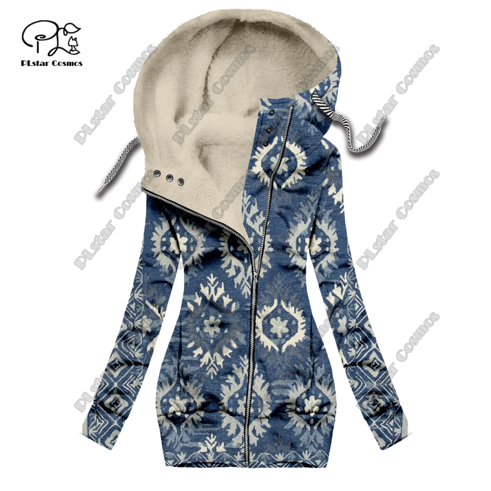Nueva serie retro con estampado 3D, alfombra floral, patrón de tótem, además de terciopelo cálido, sudadera larga con cremallera para mujer, F-1 informal de invierno