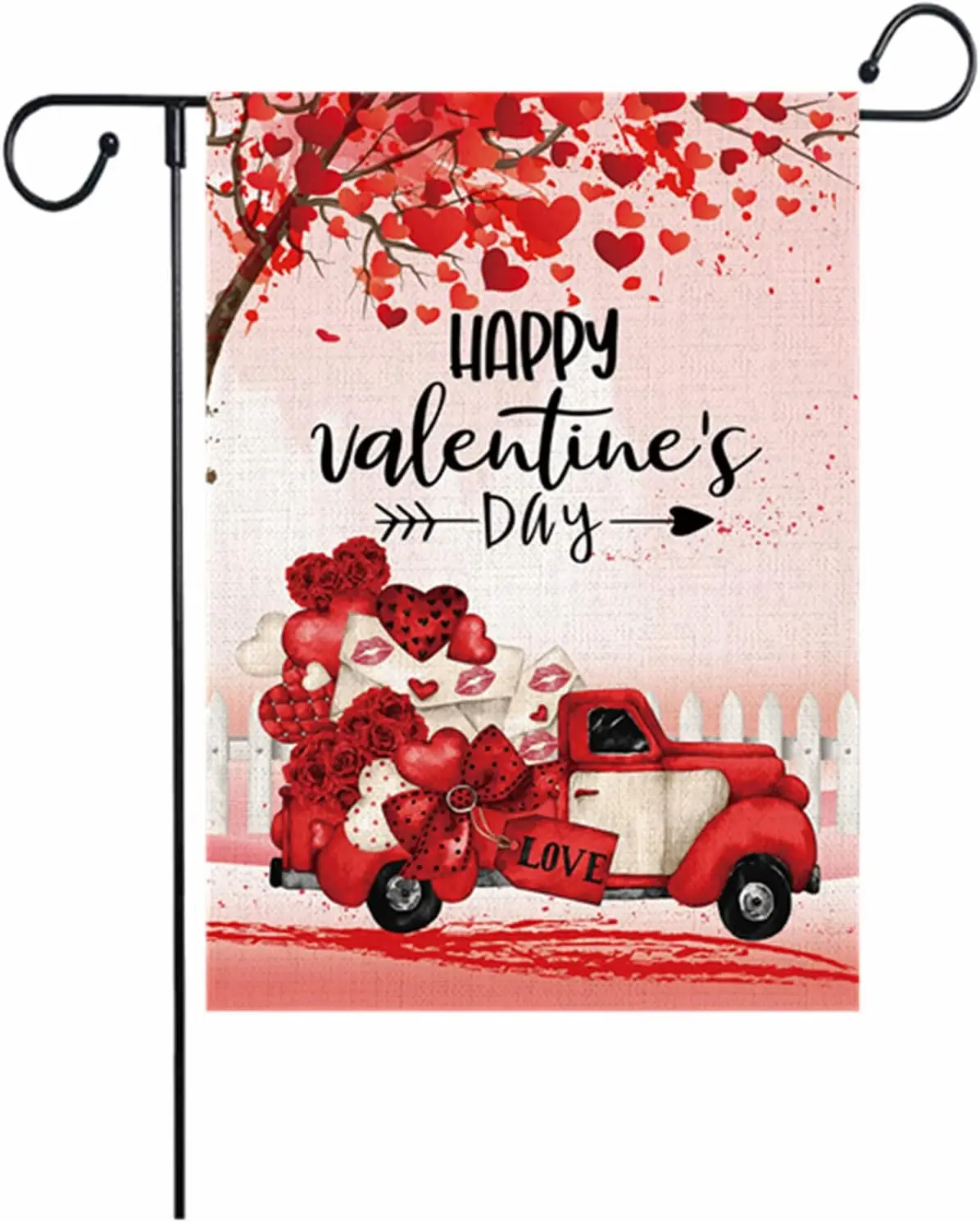 Heart Truck Garden Flags, Happy Valentine&;s Day Heart Tree Garden Flag 12.5 x 18 Inch Vertical Double Sized Burlap Flag for Hou