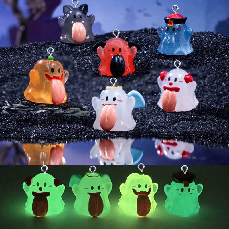 5Pcs Halloween 3D Luminous Big Tongue Ghost Resin Charms For Jewelry Making Accessories DIY Pendants Earring Keychain Decoration