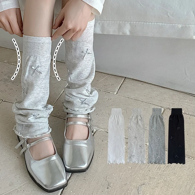 

Japanese Style Ballet Leg Warmers Slouchy Knee High Socks Sheer Gray with Bow Ribbon Detail Sweet Casual Calf Socks for Girls