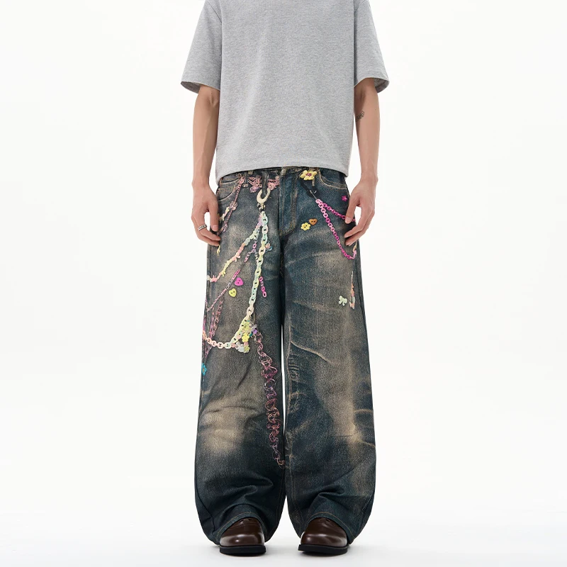 2025 أزياء الملابس الرقمية الحلوى المطبوعة حبة الجينز للجنسين العلامة التجارية العصرية فضفاضة واسعة الساق مستقيم الساق السراويل