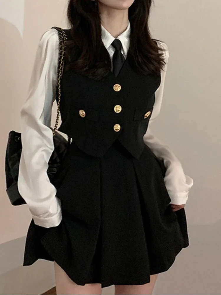 

Japanese Sweet Uniform Three Piece Set Women Vintage Vest + Mini Pleated Skirt Set Female Autumn Casual Cute Party Skirt Sets