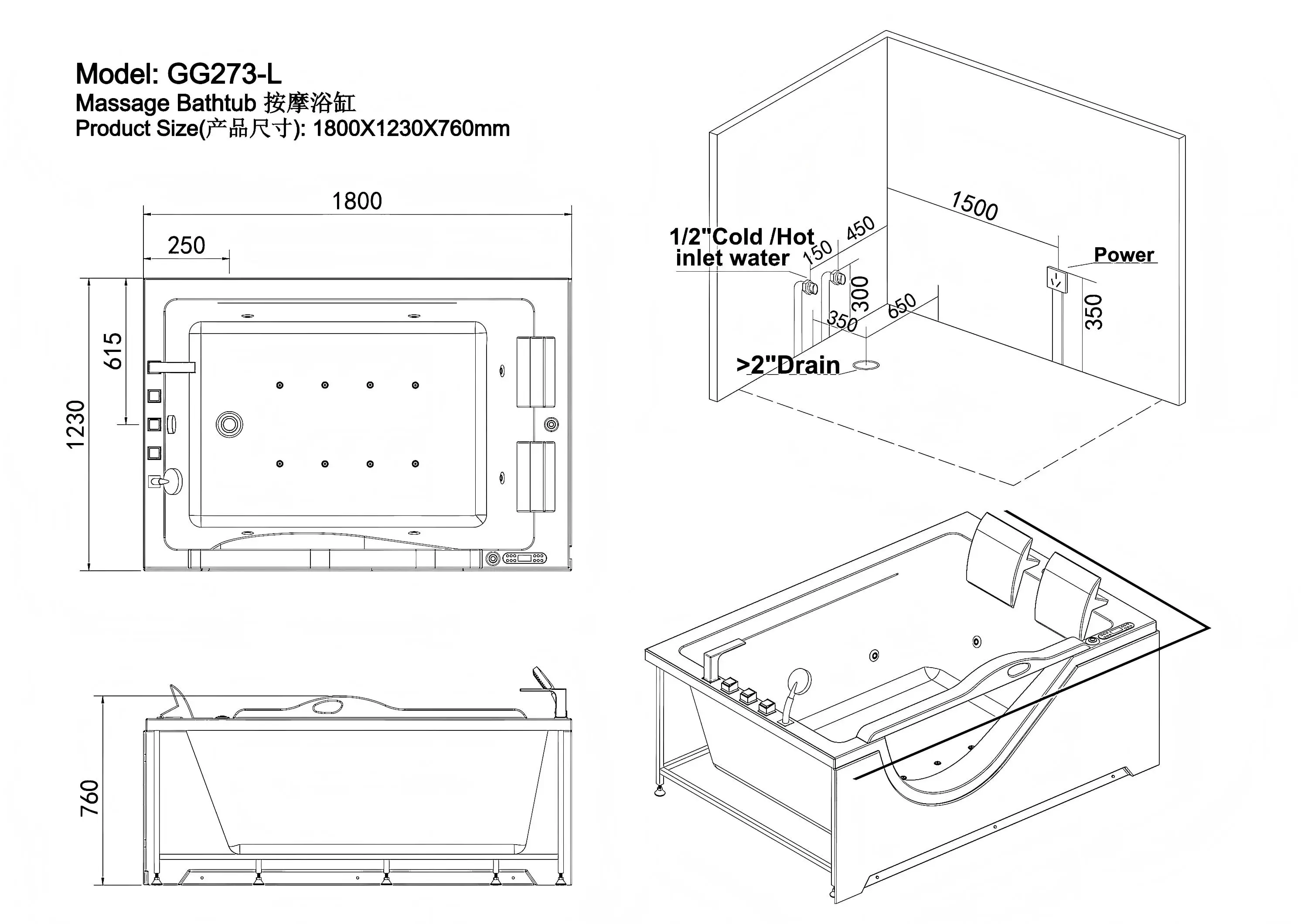 For standing Adult Spa Acrylic Bathtub Shower Combo Hydromassage 22 Jets Eco-Friendly 2 Person Bathroompromote sales