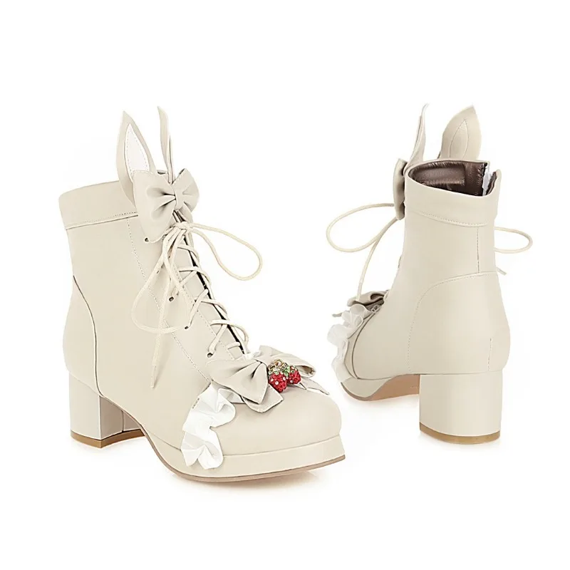 Women Cute Sweet Lolita Kawaii Platform Boots Lace Up Chunky Heel Ankle Boots with Bow Character Cosplay Winter Shoes Plus Size