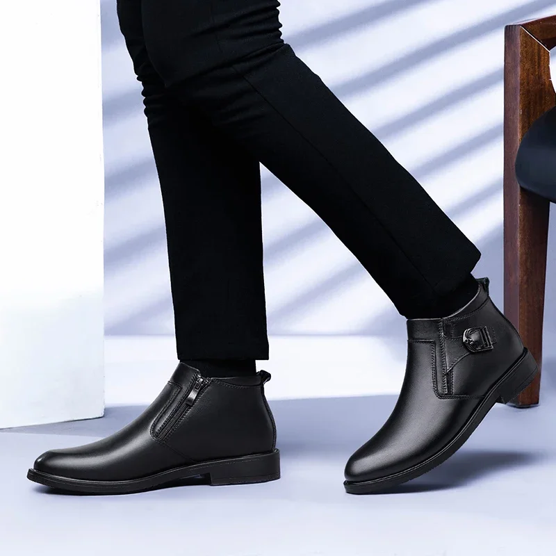 Winter Snow Boots Genuine Leather Chelsea Men Boots High Top Leather Shoes Fashion Luxury Brand Thick Sole Ankle Boots