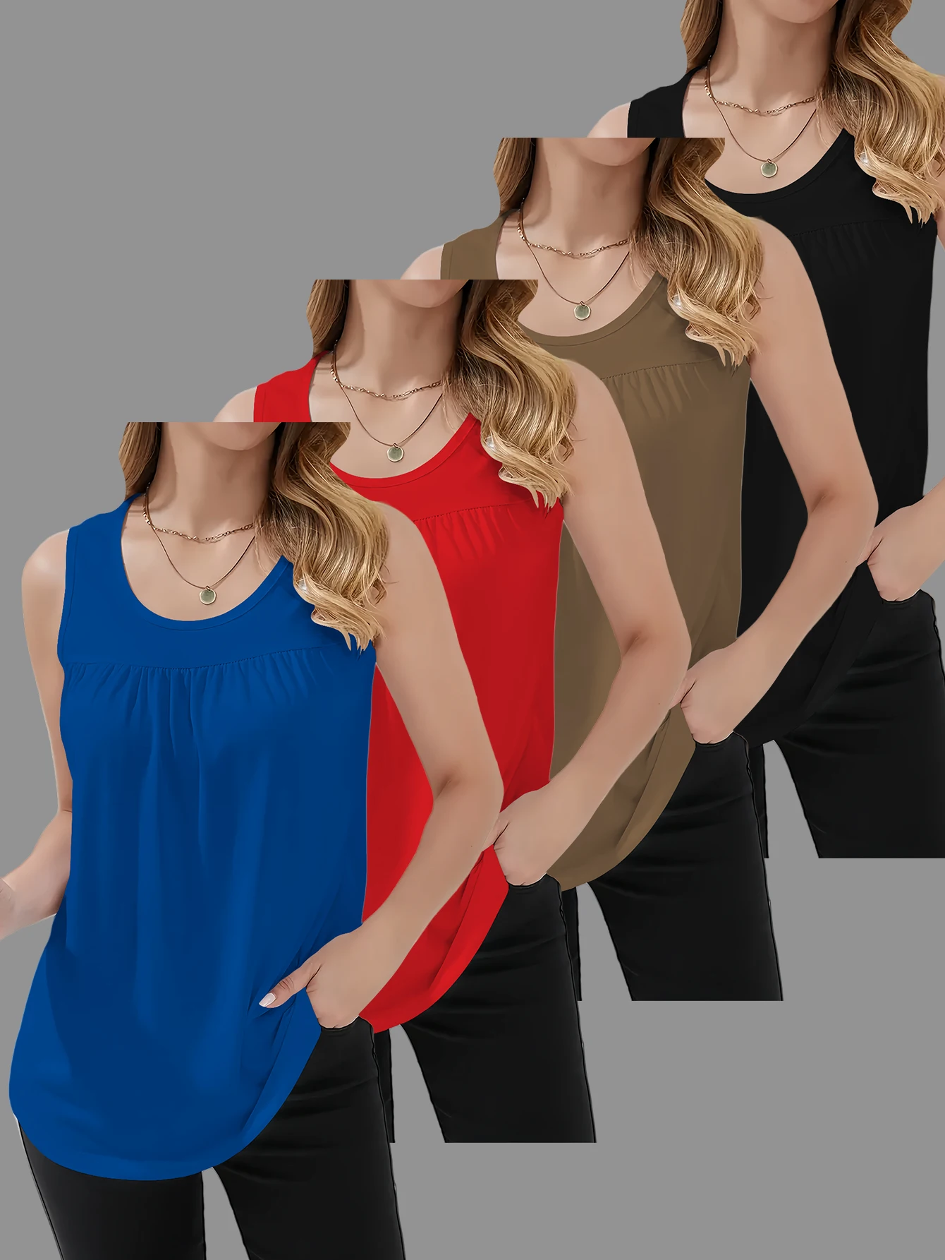 

Комплект из 4 предметов: модный свободный жилет без рукавов в европейском и американском стиле, с круглым вырезом, плиссированный, однотонный, универсальный для повседневной носки, свиданий, вечеринок, легко надевается