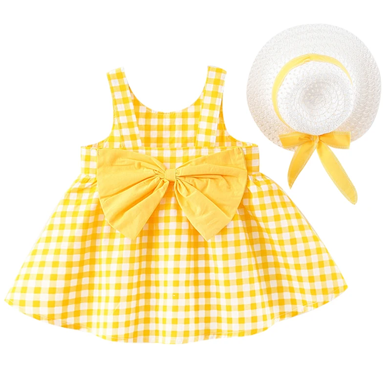 Vestidos de verano para niñas pequeñas, ropa de algodón sin mangas con lazo grande y sombrero para el sol, color amarillo, BC003