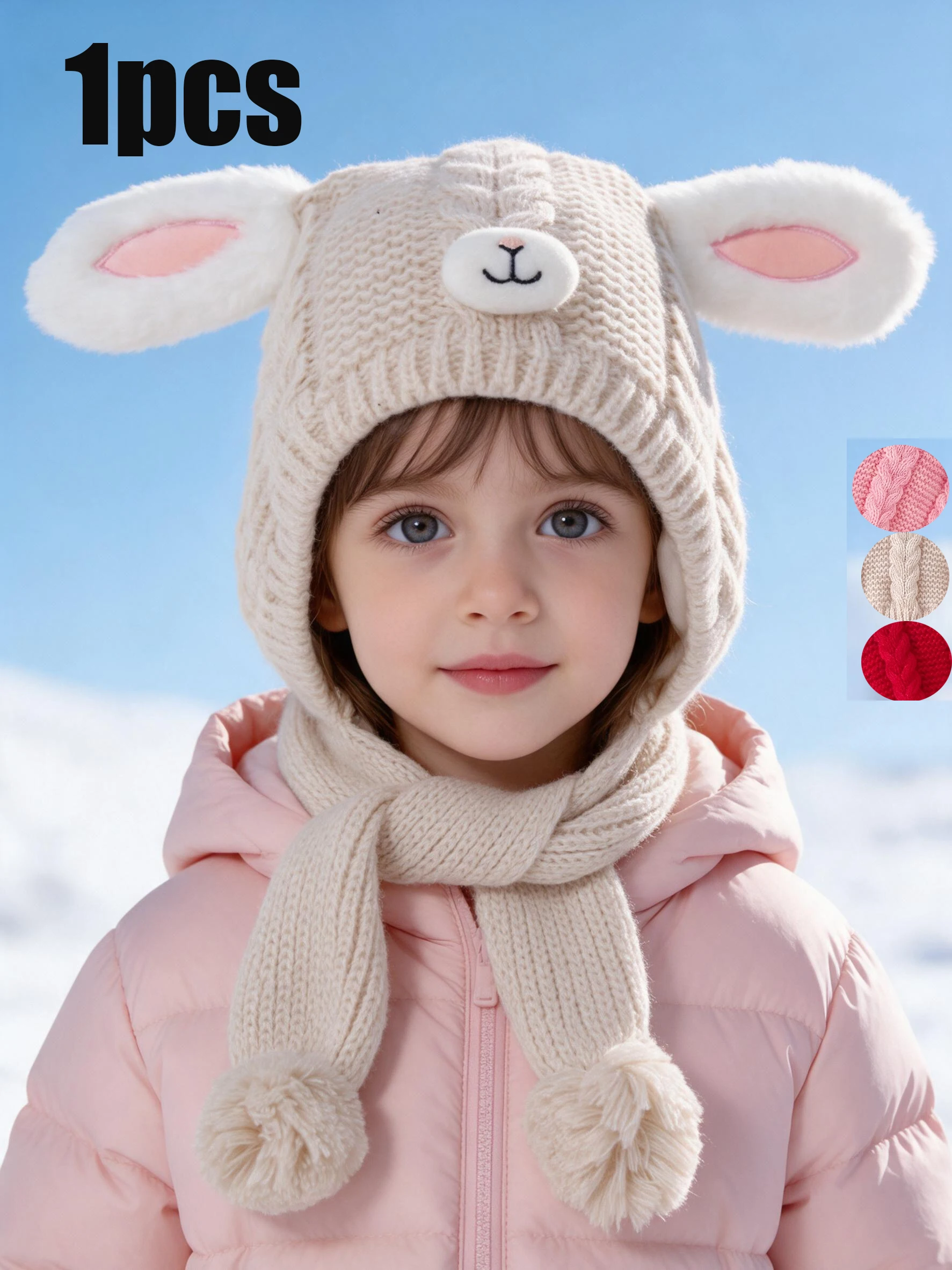 1pcs 3-8Y Kids Girls Cute Knitted Ear Hat, Braided Texture With Pom Pom, Rabbit Ear And Tiny Nose Shape For Daily