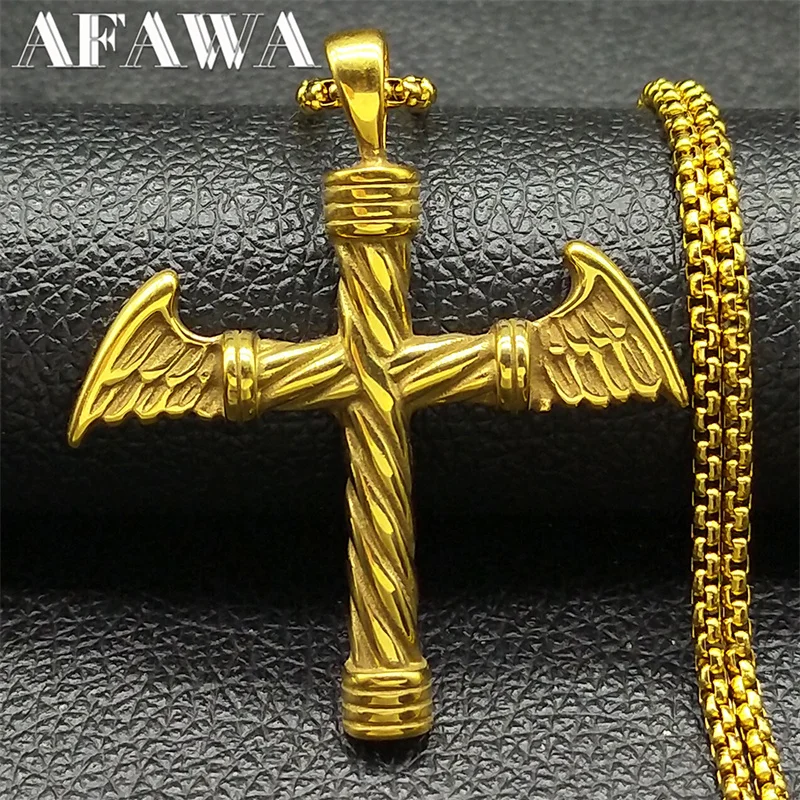 

Vintage Angel Wing Cross Christian Necklace for Women Men Stainless Steel Gold Color Punk Rock Man Chain Jewelry Boyfriend Gift