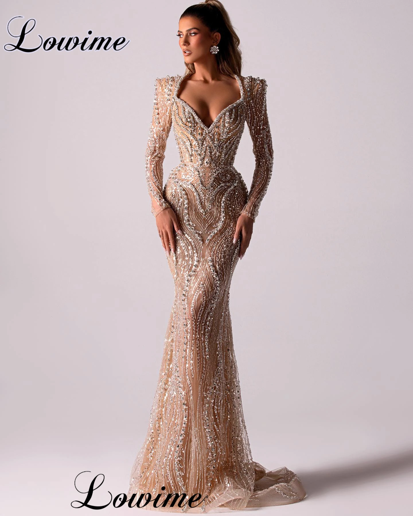 Champagne Long Sleeves Evening Dresses With Crystals Mermaid Formal Occasion Dresses Robes De Soirée Wedding Guests Dresses