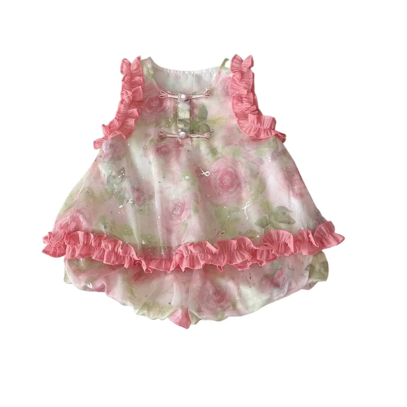 Girls Clothing Set Summer Sleeveless Lace Shirt+Shorts Fashion Retro Flower Kids Dresses Birthday Party Children Dress 2-7Yrs