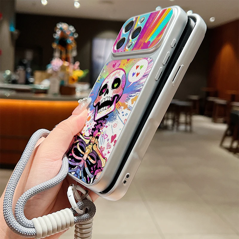 Leather Texture Phone Case For iPhone 17 Pro 16 15 14 13 Pro Max Creative Skull Pattern Wrist Strap Lanyard Soft TPU Matte Cover view 6