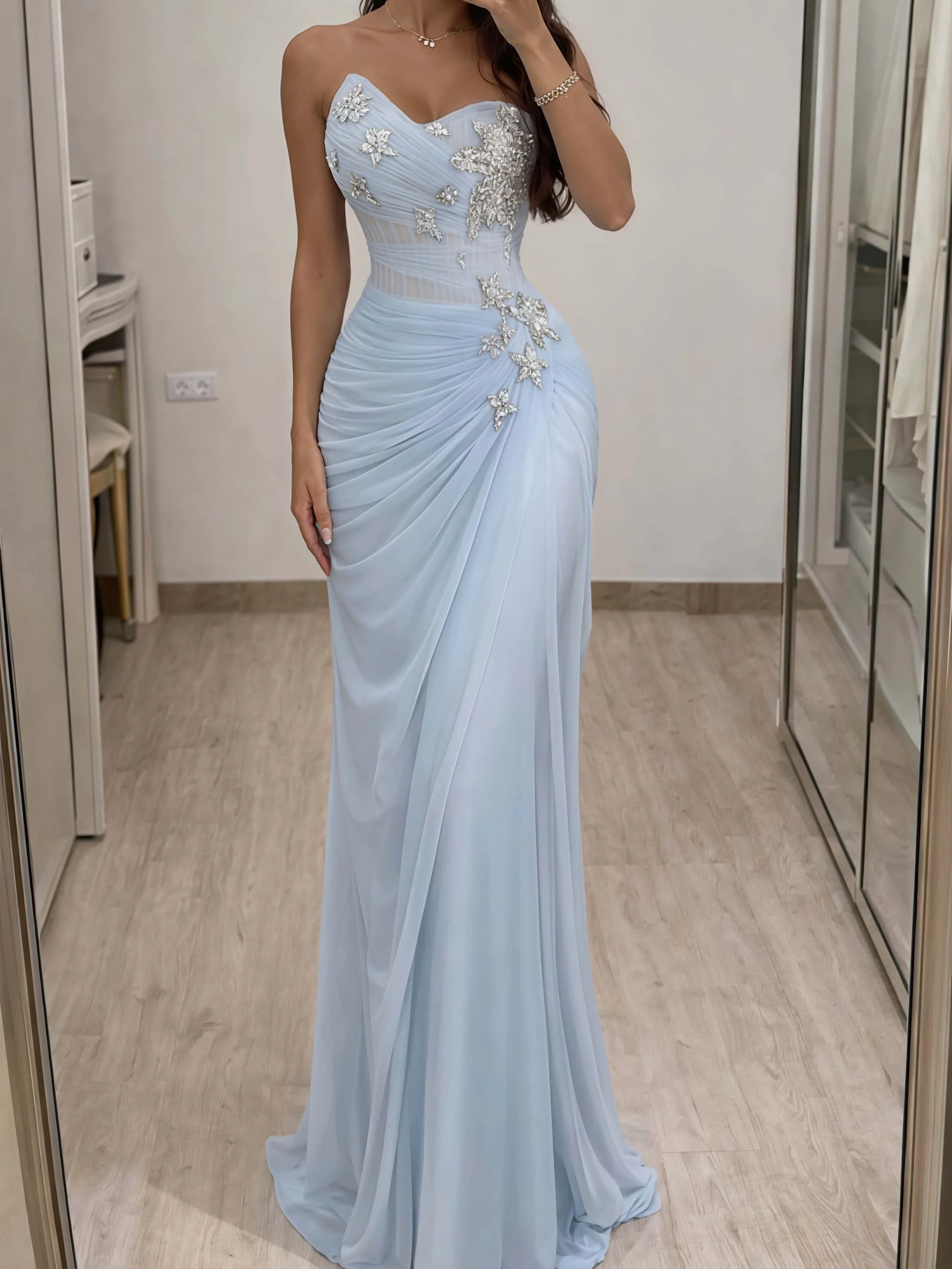 

Light Blue Strapless Mermaid Evening Dress Star Rhinestone Beaded Sheer Corset Formal Gown For Cocktail Prom Party Vestidos