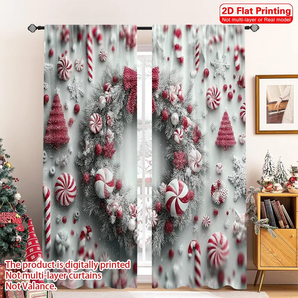 

2pcs 2D flat printing Christmas Curtains Christmas wreath Fabric Without Electricity Versatile Perfect for All Occasions