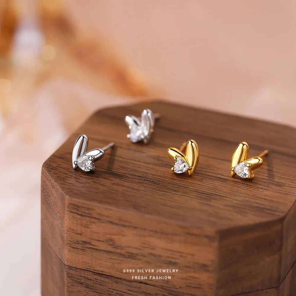 Real 999 Sterling Silver Earring Fashion  Shiny CZ Heart Stud Earrings For Women Fine Jewelry Gift image 3
