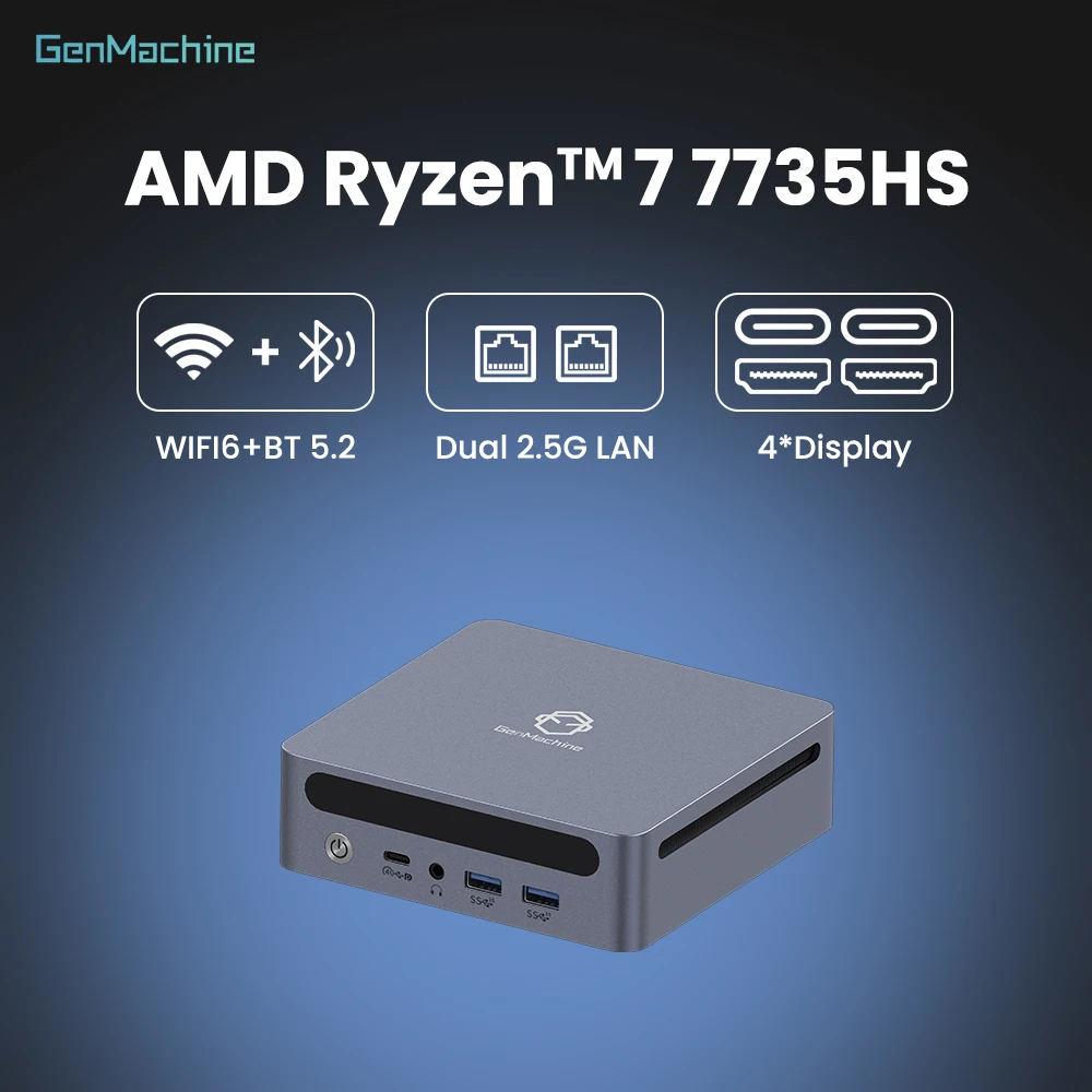 

Mini Pc Ordenador Computer Genmachine AMD Ryzen 7 7735HS Mini PC | 8-Core 16-Thread | 16GB LPDDR5 + 512GB NVMe SSD | WiFi 6E