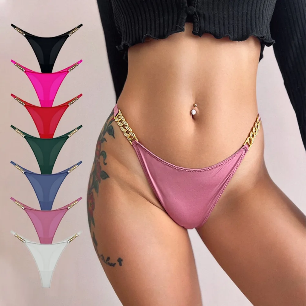 Fashion Metal Chain Diamond Low Waist T Pants High Fork Women Thongs European and American Hip Lift Ice Silk Panties