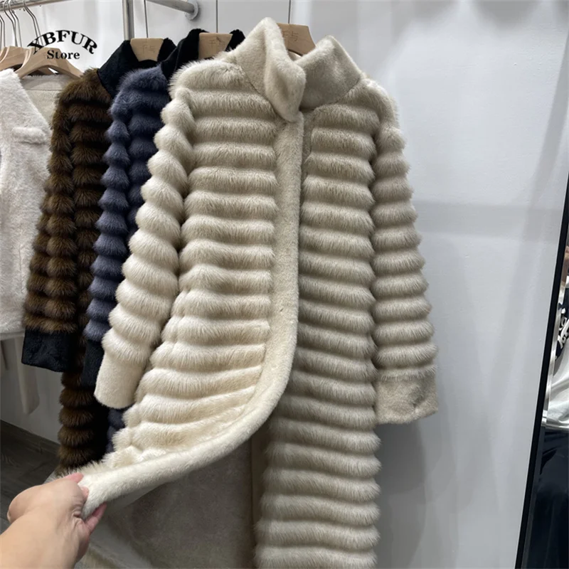 

Winter Long Striped Fluffy Faux Mink Fur Coat Women Stand Collar Warm Long Trench Coats Fashion Fluffy Plush 2024 Outerwear