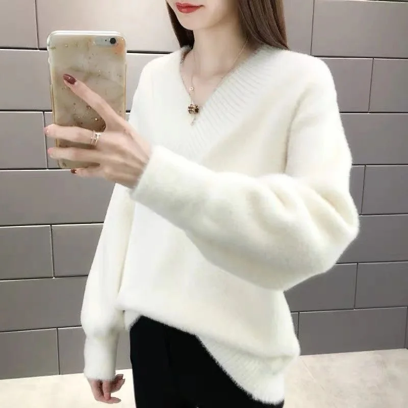 

2023 Spring An Autumn V Collar Mink Fur Sweater Women's Pullover Korean Version Loose Outer Wear Thick Knit Top Base Shirt