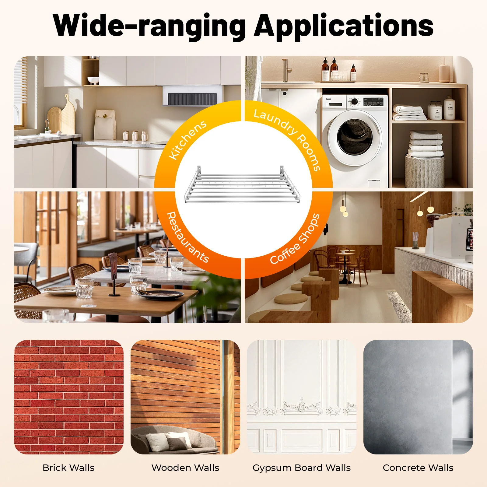 رف ميكروويف من الفولاذ المقاوم للصدأ على الحائط، رف تخزين المطبخ بوزن 18 كجم مع خطافات للاستخدام المنزلي التجاري #6