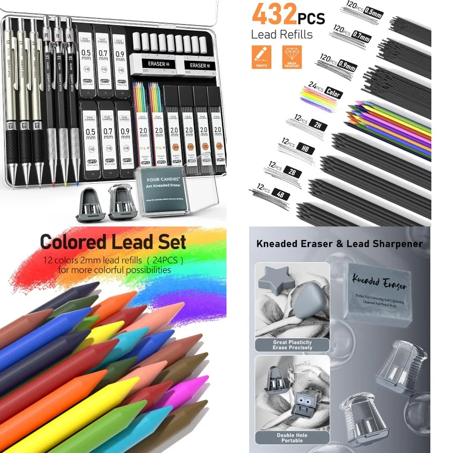 

Набор механических карандашей Four Candies, 25 шт., в комплект входит 3 шт., металлические графические карандаши 0,5 0,7 0,9 мм, 3 шт., 2 мм, держатель