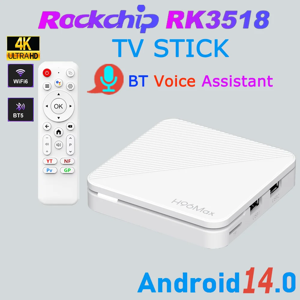 Android 14.0 H96 Max RK3518 Quad Core 4K Wifi6 BT5.4 BT con Assistente Vocale, Telecomando, Lettore Multimediale per Giochi, Smart TV Box