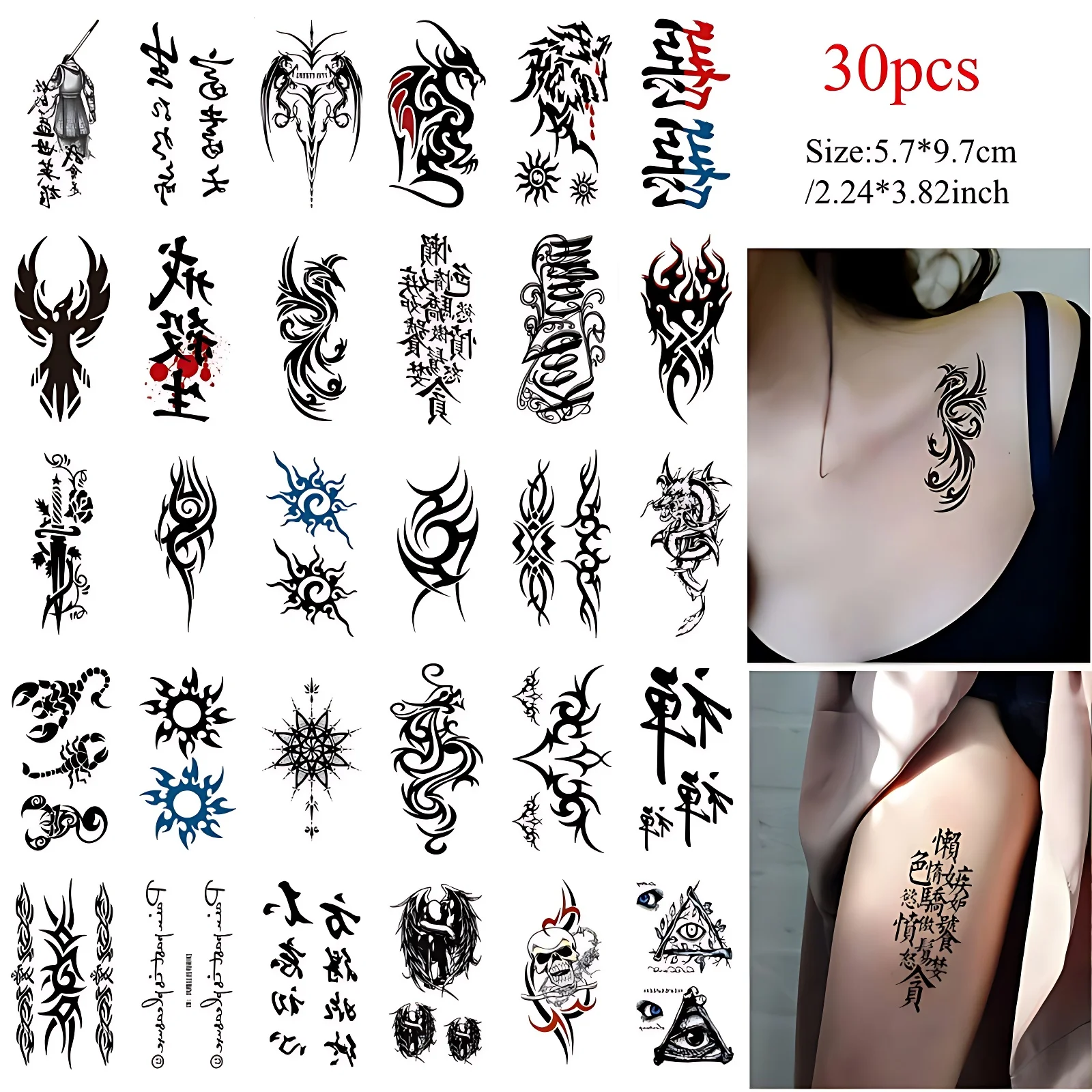 30pcs/set Men Boy Temporary Tattoo Long Lasting Chinese Letter Totem Sword Scorpion Dragon Water Transfer Tattoo tatouage homme