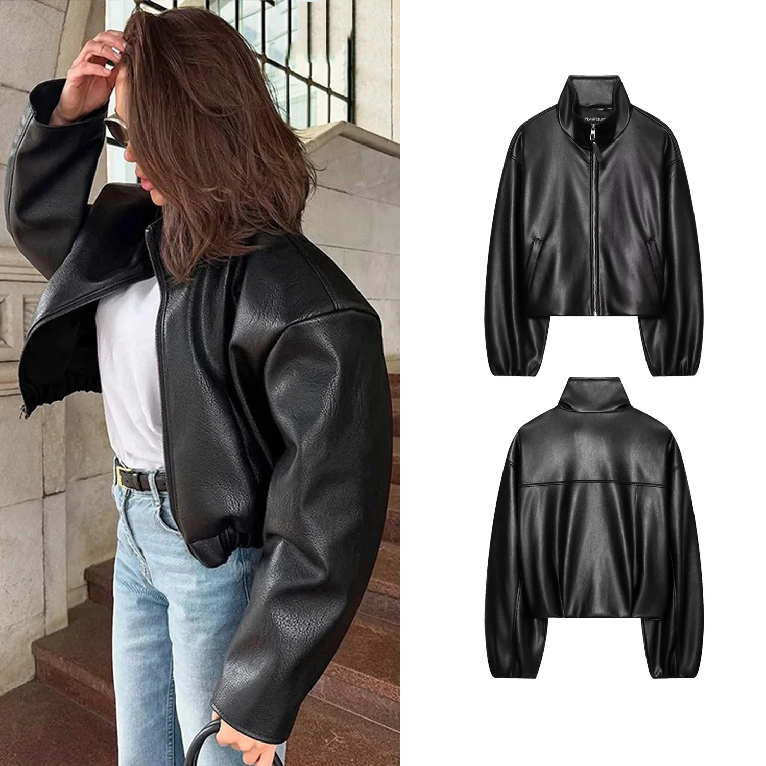 Women Fashion Short Black Faux Leather Jackets Spring Autumn Female Loose Long Sleeve Zipper Coats Lady Streetwear Biker Jackets