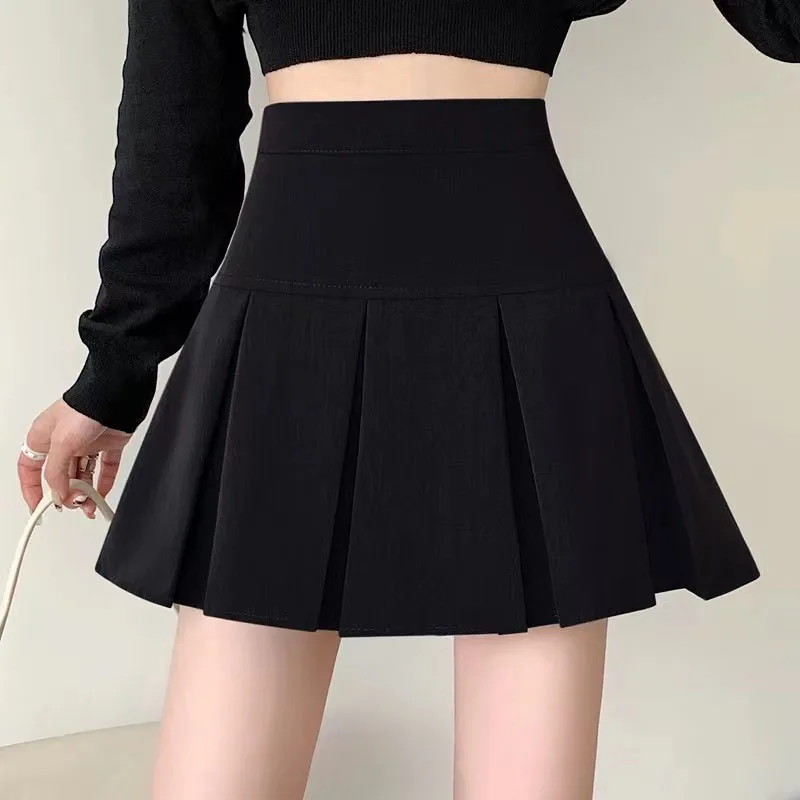 Gray High Waist Pleated Skirts Women Summer Fashion Solid Preppy Zipper A Line Skirts Ladies Streetwear All-Match Mini Skirts