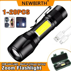 1-20PCS Mini Flashlight  COB+XPE Portable Torch With Clip Zoomable Light USB Rechargeable Flashlight Camping Emergency Lantern