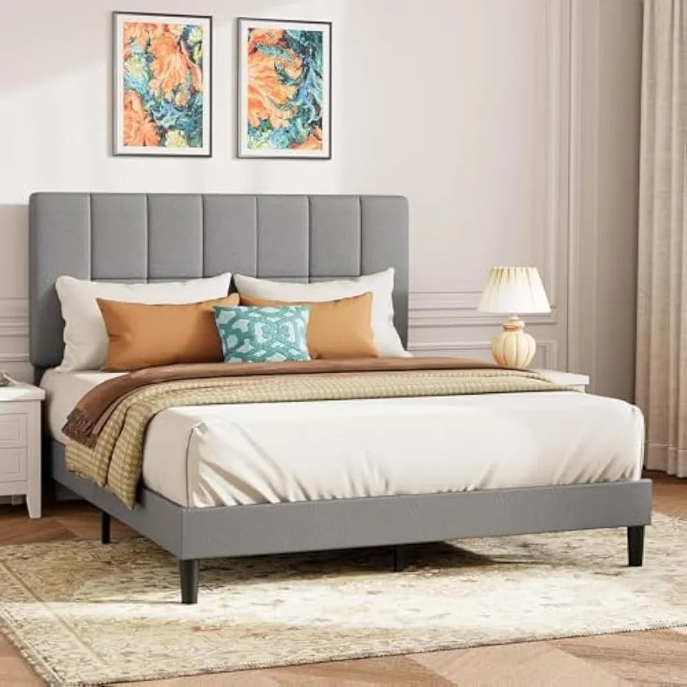 

Large Bed Frame with Fabric Cushioned Headboard, Cushioned Bed Frame with Under Bed Storage