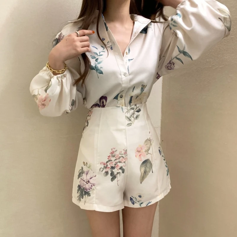 Vintage Vacation Outfits Women Summer Retro Lanter Sleeves Shirts + Printed Shorts Two Piece Sets Korean Fashion Matching Suits