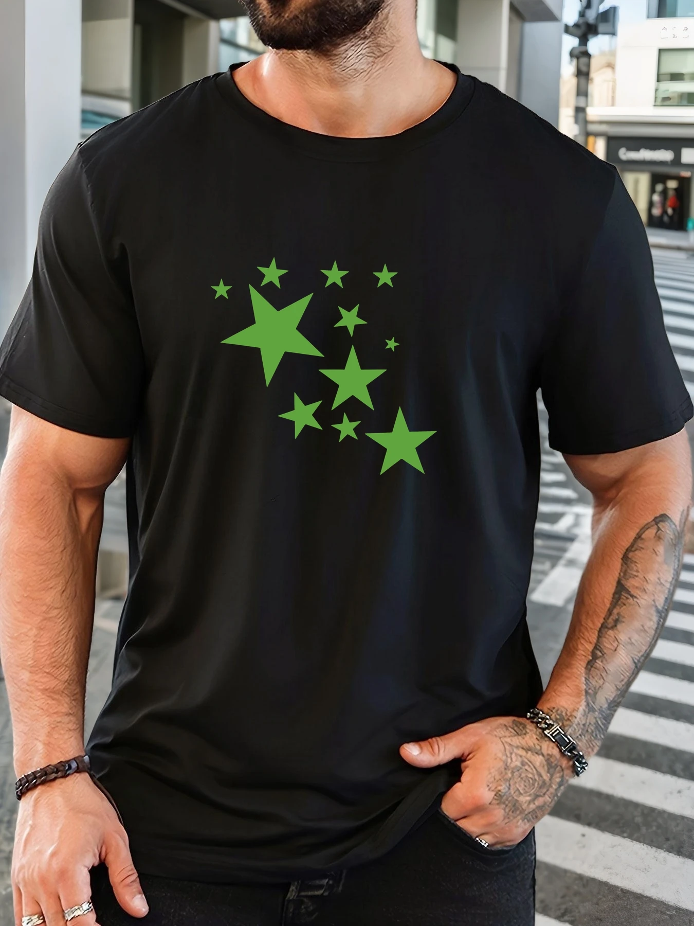 

Men's Green Star Pattern Summer Casual Crew Neck Short T-Shirt