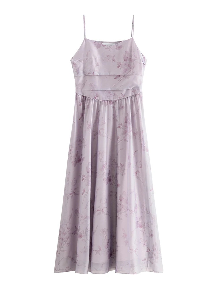 FSLE Adjuested Strap Women Polyester Long Sleeveless Dress 2024 Summer Purple Floral Sweet Female Suspender Skirt 24FS12232