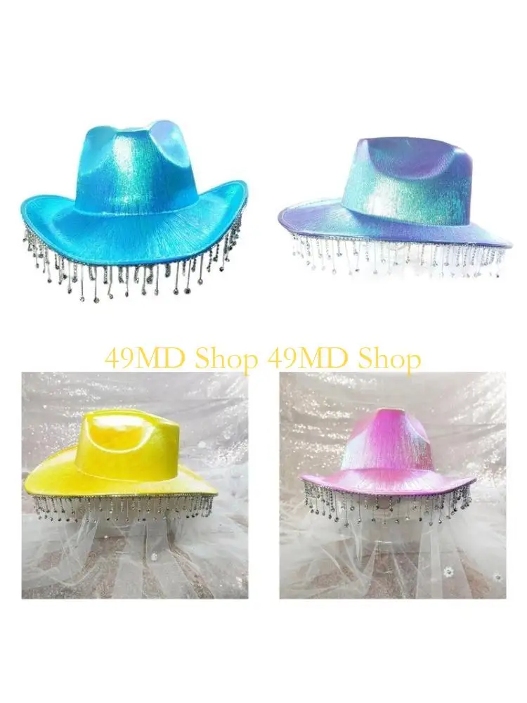 49MD Sparkly Tassel +Cowboy Hat Color Fedora Hat for Bachelorette Party Hat All-match for Street