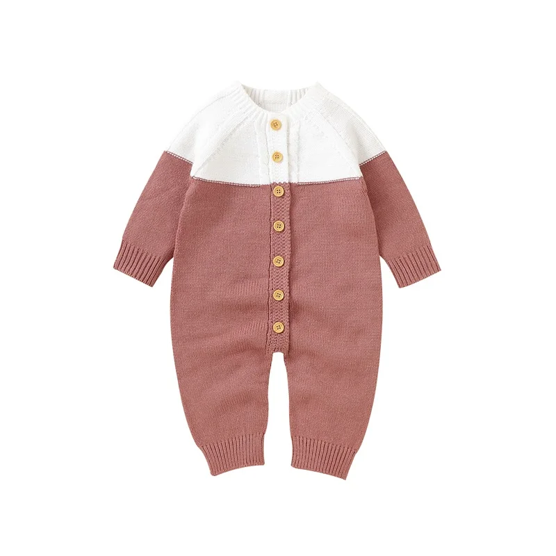 Baby Girl Button Down Jumpsuits Long Sleeve Contrast Color Knit Rompers Newborn Winter Outfit