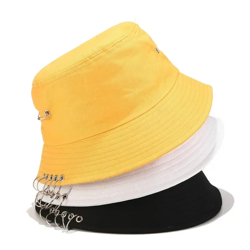 

Solid Color Punk Five-ring Pin Fisherman Hat Unisex Hat Spring and Summer Simple Sun Hat Panama Foldable Sunscreen for Travel