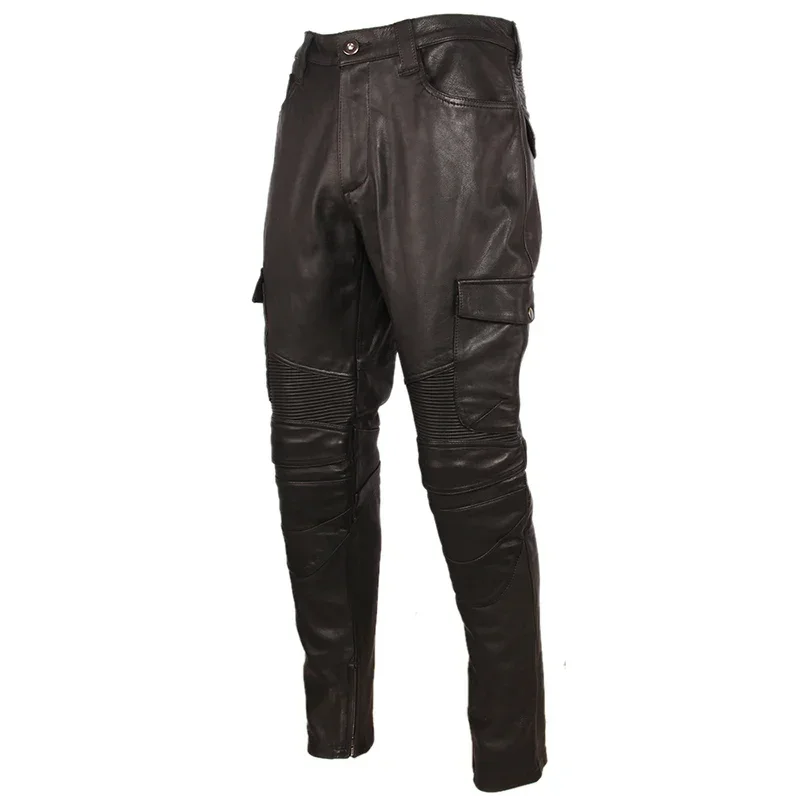 Pantalones de cuero para motocicleta para hombre, pantalón grueso de cuero de vaca 100%, Vintage, gris, marrón, negro, 4XL, M216, Invierno