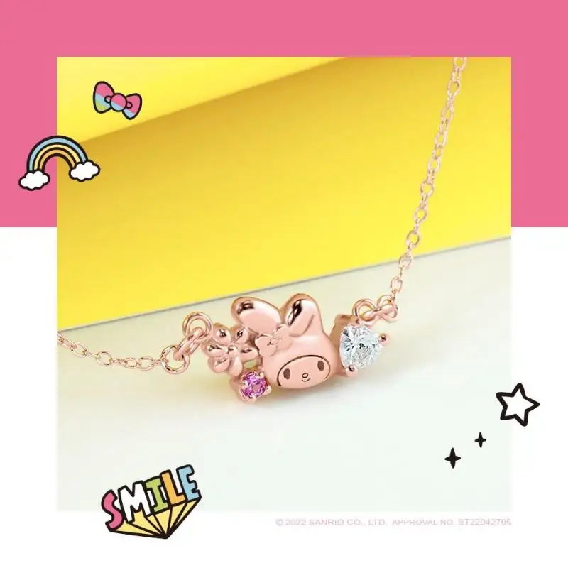 Sanrio Plush My Melody Kawaii Cartoon Cute Love& Peace Necklace In Sterling Silver Anime Plush Toys for Girls Birthday Gift