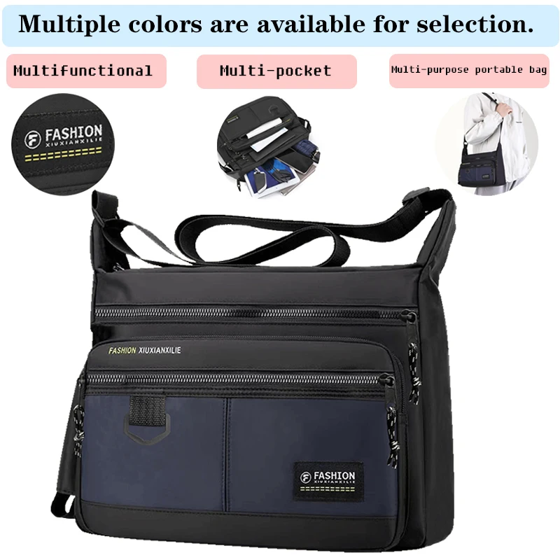 Wszechstronna, wielokolorowa torba na ramię z wieloma kieszeniami, regulowanym paskiem, lekka, idealna do codziennych dojazdów, stylowa i funkcjonalna.