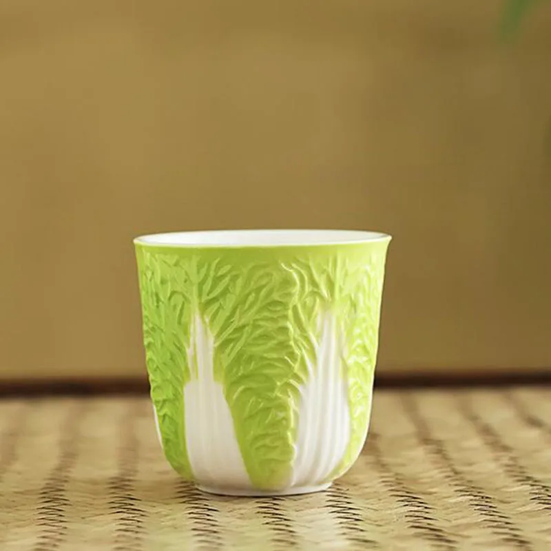 2 Pcs/Set Creative Porcelain Cabbage Design Kungfu Tea Cups Big Capacity Master Cup Kitchen Teaware Drinking Accessories 100ml