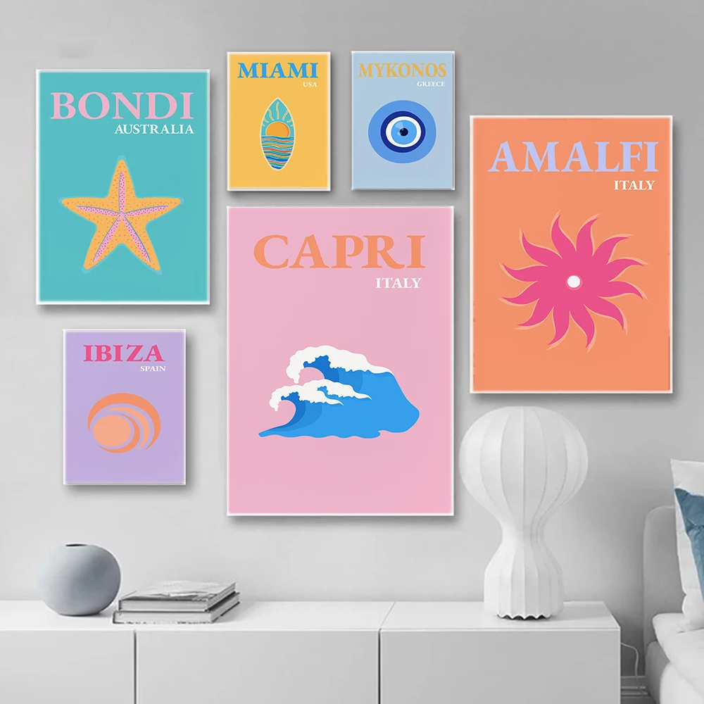 1pc frameless Canvas Painting (2D canvas painting)  Miami Beach Ibiza Capri Bondi Mykonos Wall Art Canvas Painting Nordic Poster