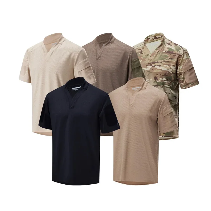V-Neck Rugby Shirt Tactical Combat T-Shirt, Men Short Sleeve Summer Outdoor Quick Dry Wear