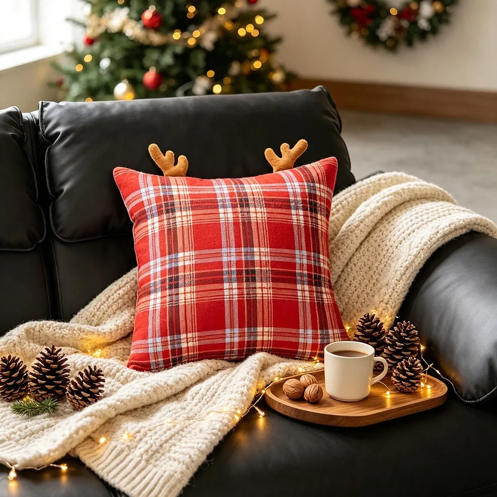 Plaid Christmas Pillow Cover Antlers Festive Cushion Pillowslip Christmas-themed Without Filling Sofa Pillowcase Winter