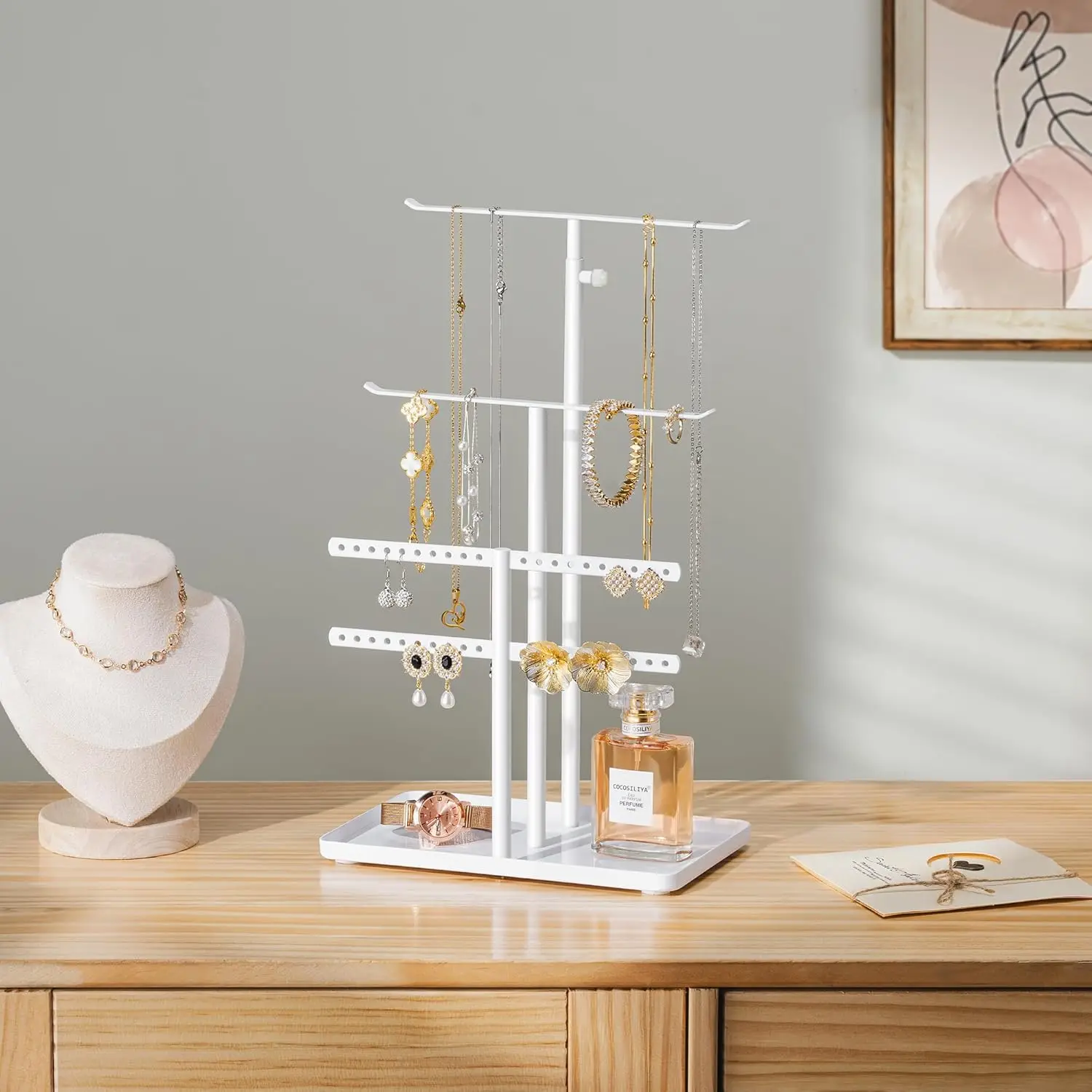 

Jewelry Holder Organizer Stand - Adjustable Jewelry Hanger For Necklace Earrings Bracelets Rings Storage Shelf White Rings Rack