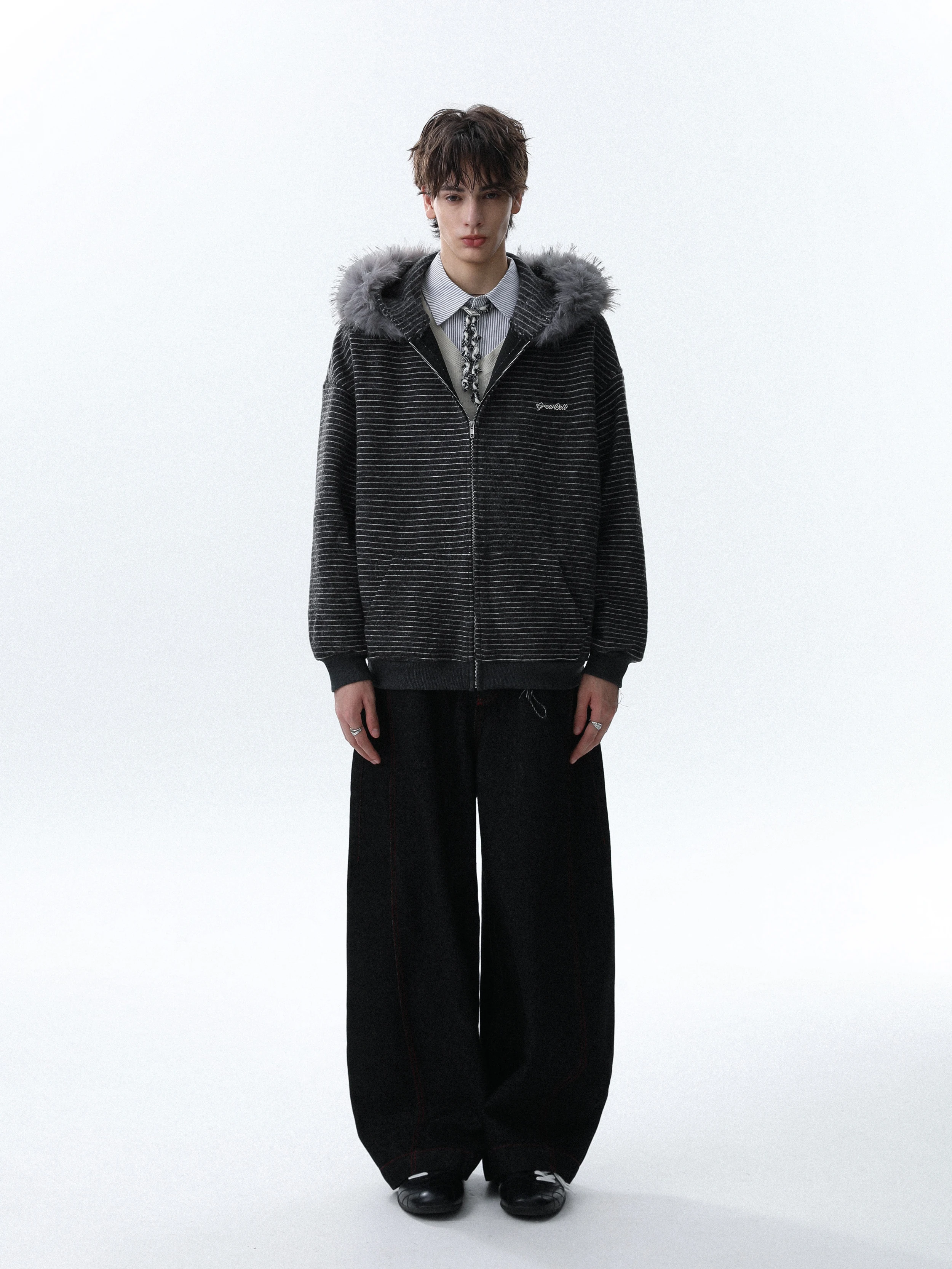 Autumn New American Style Trendy Striped Hooded Fur Collar Zipper Cardigan Loose Casual Youth Fashion Sweatshirt Jacket for Men