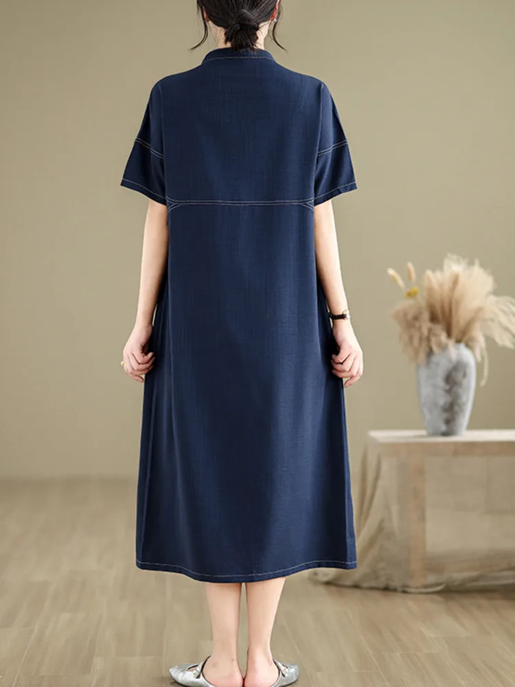 # 3872 Blaues gerades Hemdkleid mit kurzen Ärmeln, lockeres Büro-Hemdkleid mit Knöpfen vorne, Damen-Midikleid im koreanischen Stil, A-Linie