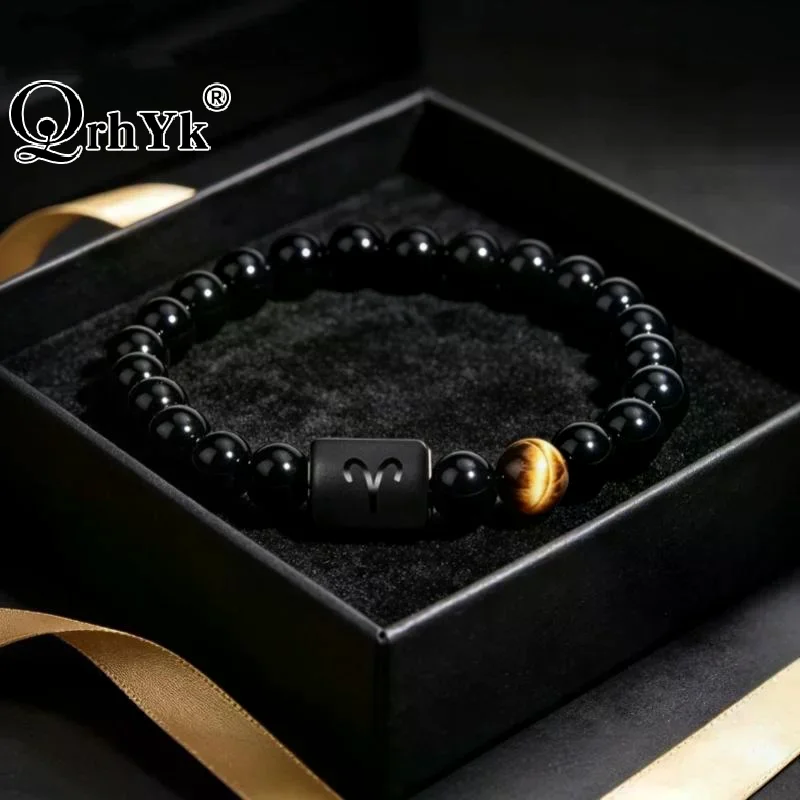 1PcsThis Men's Aries Zodiac Bracelet Features Natural Black Agate And Tiger's Eye Stones. Incorporating Zodiac Elements