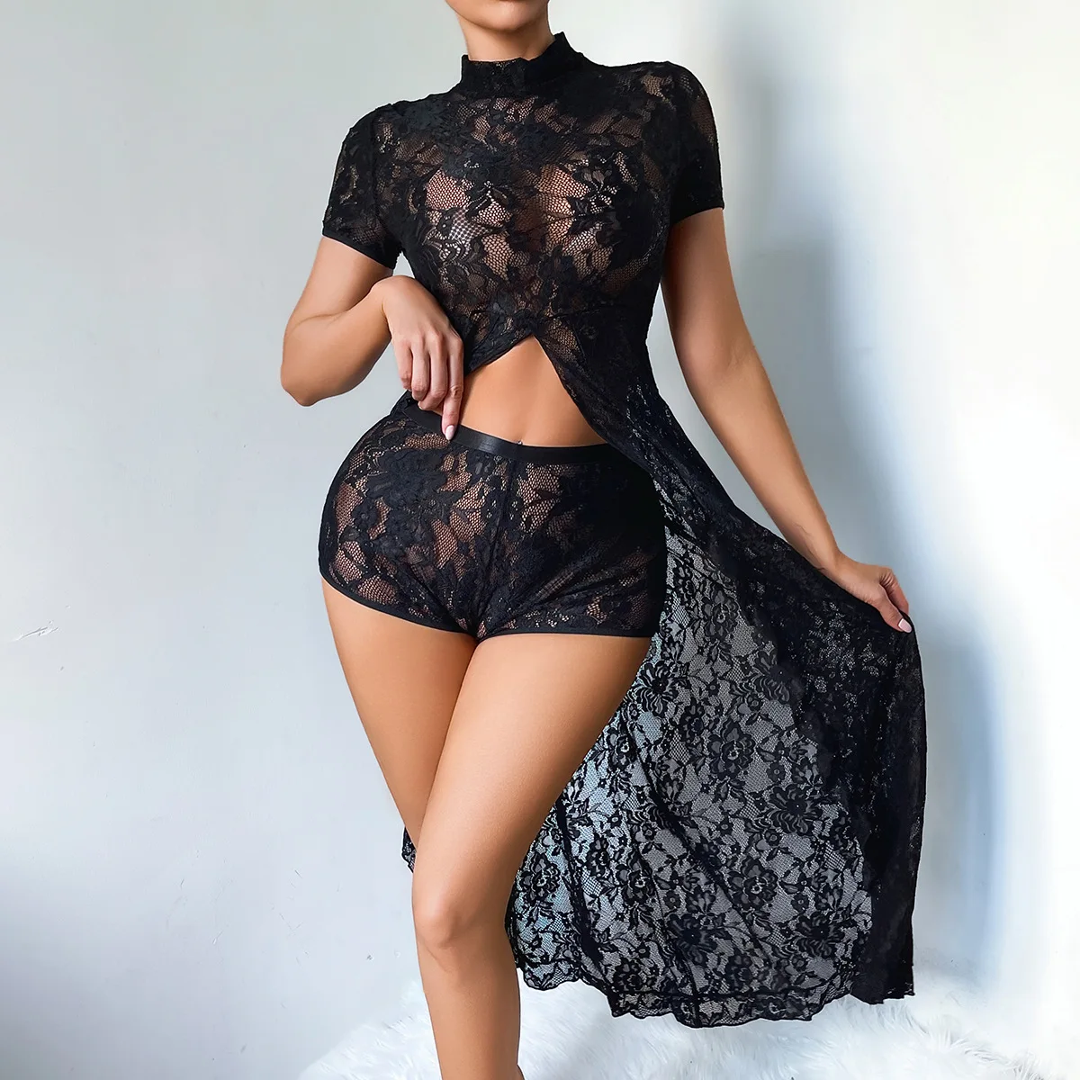 Women's Black Lingerie Exotic Dresses 2Pc Underwear Lace Cheongsam Maxi Dress High Neck Short Sleeve Front Split Sheer Long Gown - view 4